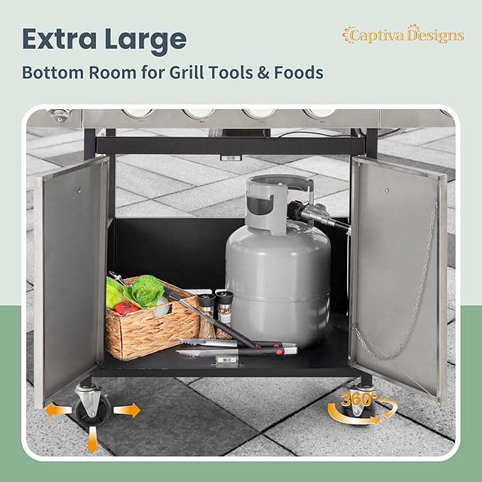 Captiva Designs 4-Burner Propane Gas BBQ Grill with Side Burner & Porcelain-Enameled Cast Iron Grates, 42,000 BTU Output Stainless Steel Grill for Outdoor Cooking Kitchen and Patio Backyard Barbecue