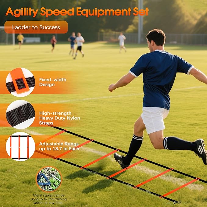 Agility Ladder Speed Training Equipment Set-20ft Agility Ladder,12 Soccer Cones,4 Hurdles,Jump Rope,Running Resistance,Soccer Football Training Equipment with Carrying Bag for Kids Adults