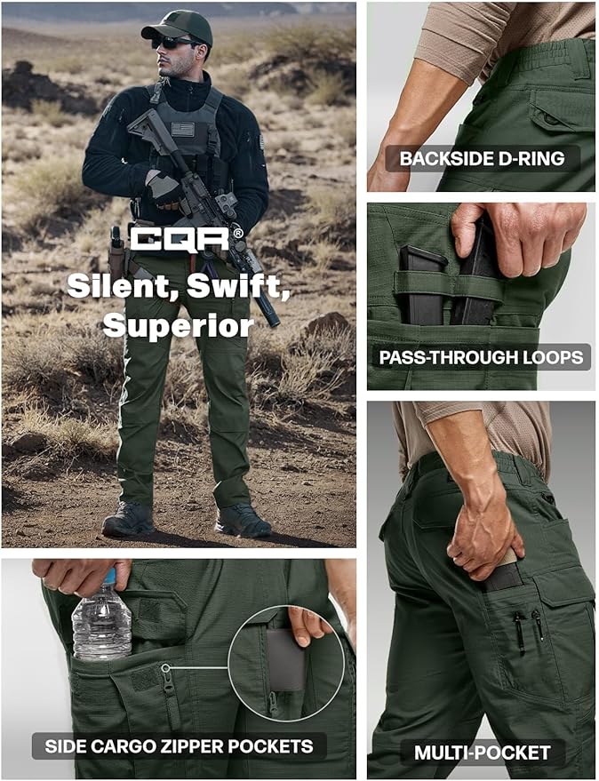 CQR Men's Flex Stretch Tactical Pants, Water Resistant Ripstop Cargo Pants, Lightweight EDC Outdoor Work Hiking Pants