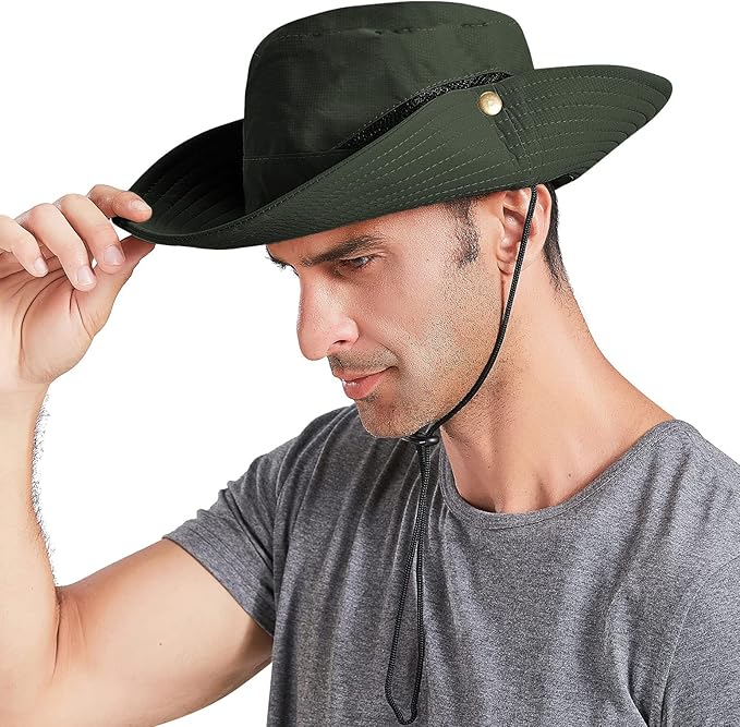 Men's Sun Hat Outdoor UPF50+ Mesh Wide Brim Bucket Safari Cap Foldable Waterproof Boonie Fishing Hats