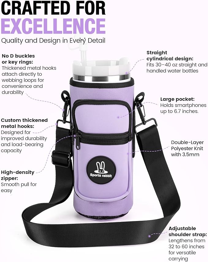Sports rabbit Universal Water Bottle Holder – Durable Oxford & Neoprene Hybrid Design Compatible with Stanley 30/40oz Handled & 64/87oz Straight Tumblers, Adjustable Strap for Gym, Travel, Outdoors