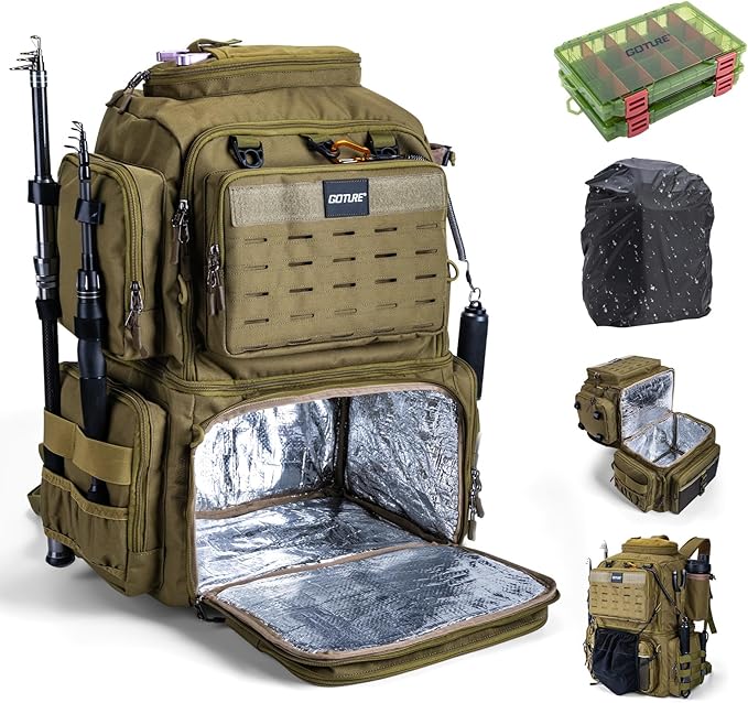 Goture Fishing Backpack with 2 Tackle Boxes, 53L 600D Water-Resistant Tackle Backpack with Cooler,Rod Holders, 8 Lure Pockets, Rain Cover, Large Fishing Bag Storage Gear Tackle Bag for Camping Hiking