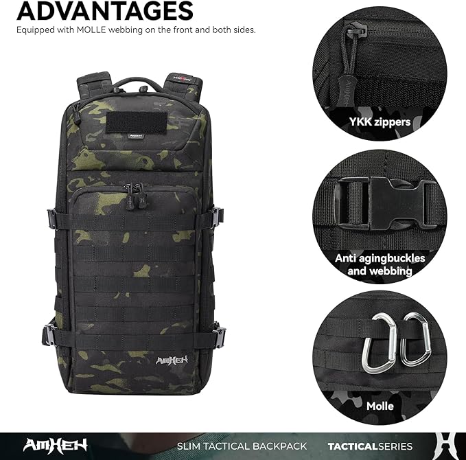 Tactical Backpack Military Slim Army Bag Molle Daypack 20L Outdoors Hiking Camping Travel EDC Pack with Multiple Pockets Waterproof for Men (Black Camo)