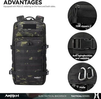 Tactical Backpack Military Slim Army Bag Molle Daypack 20L Outdoors Hiking Camping Travel EDC Pack with Multiple Pockets Waterproof for Men (Black Camo)