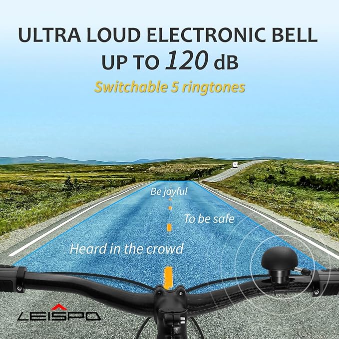 Electric Bike Ring Bell - Loud Bicycle Horn for Adult Bikes 5 Sounds 100dB - Classic Bicycle Bells for Road Bike- Rechargeable & Water Resistant, Light Up Bike Bell for Kids & Adults (Black)