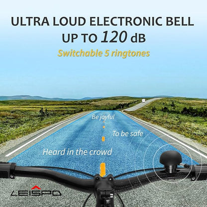 Electric Bike Ring Bell - Loud Bicycle Horn for Adult Bikes 5 Sounds 100dB - Classic Bicycle Bells for Road Bike- Rechargeable & Water Resistant, Light Up Bike Bell for Kids & Adults (Black)