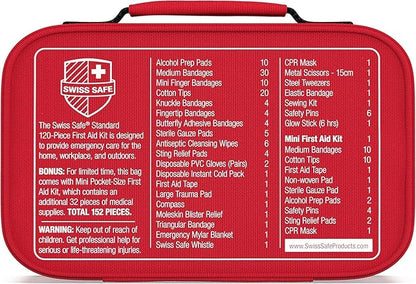 Swiss Safe 2-in-1 First Aid Kit for Car, Travel & Home, Businesses - Bonus Mini Kit for Medical Emergency Aid, Survival, Camping - 120+32 Pcs, Small+Travel FAK