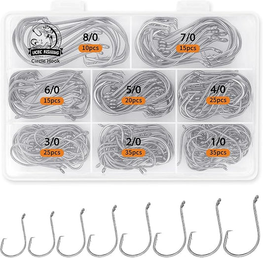 UCEC Circle Hooks Fishing Hooks 2X Strong Offset Circle Hooks Saltwater Black High Carbon Steel Octopus Catfish Fishing Hooks Fishing Gear Tackle 150pcs/ 240pcs - Size:#1 1/0 2/0 3/0 4/0 5/0 6/0 8/0