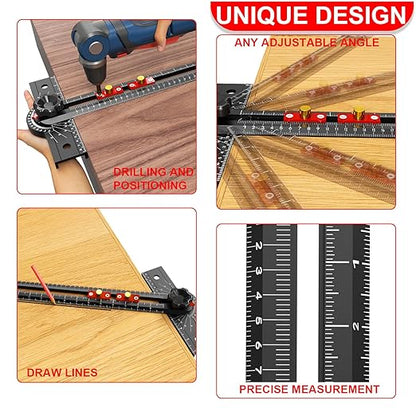 Woodworking T Square Ruler, 13.5 Inch Adjustable Angle 15-165° Measurement Tool, Aluminum Alloy, Precision Drilling Positioning Guide for Carpentry, Drafting, Contractor, Scribe Crafting, Drywall