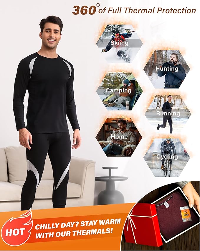 Muezna Men's Thermal Top and Bottom Set Underwear Long Johns Base Layer with Soft Fleece Lined