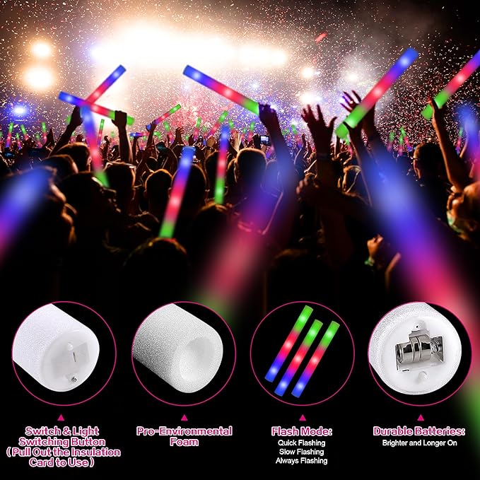 Halloween Foam Glow Sticks Party Favors, 110PCS LED Glow in the Dark Supplies, Halloween Wedding Glow Stick Bulk with 3 Modes Flashing, Light Up Foam Sticks for Christmas Dance Birthday Carnival Rave