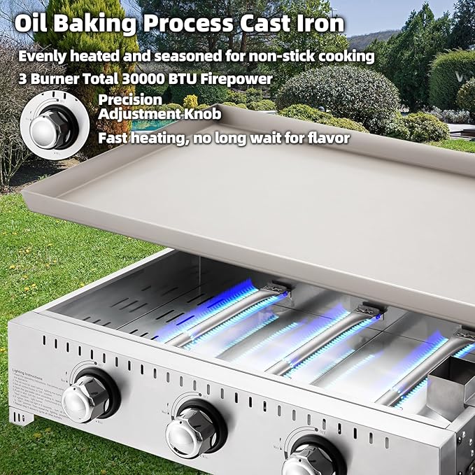 MELLCOM 3 Burner 30000 BTU Outdoor Gas Griddle with Lid (Side Shelf), Portable Flat Top Griddle 28 Inch Heavy-Duty Cast Iron Grill, Bottle Rack & Grease Pan for Camping, Picnic, Patio