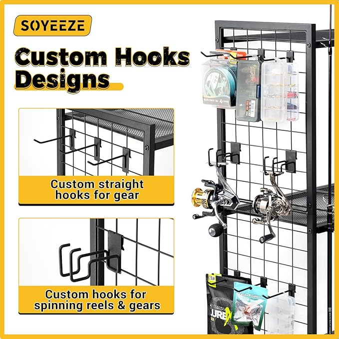 SOYEEZE Fishing Rod Holders for Garage, 4 Tier Adjustable Fishing Pole Holders Up to 12 Rods, Fishing Rod Rack with Lockable Wheels for Large Tackle Box Storage and Fishing Equipment Organization