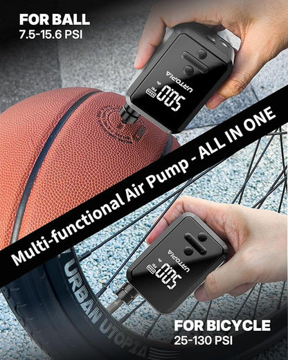 URTOPIA Electric Bike Pump, Fast Inflation Air Pump with Gauge, Up to 150PSI, Efficient Heat Dissipation, Rechargeable, with Bright LED Light, Portable Bicycle Pump for Road Bike, Motorcycle, Ball