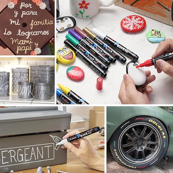 Overseas Yellow Acrylic Paint Markers - 8 Pack Medium Tip Acrylic Paint Pens, Water Based, Quick Drying, Waterproof, Non Toxic Permanent Markers for Rock, Wood, Plastic, Metal, Canvas, Glass, Fabric