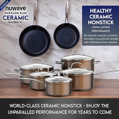 Nuwave Healthy Duralon Blue Ceramic Nonstick Cookware Set, Diamond Infused Scratch-Resistant, PFAS Free, Dishwasher & Oven Safe, Induction Ready & Evenly Heats, Tempered Glass Lids & Stay-Cool Handles