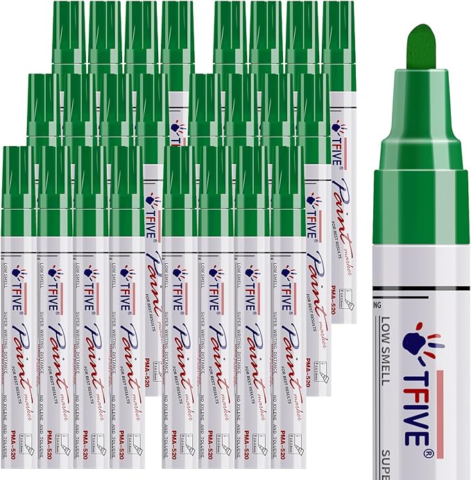 TFIVE Green Paint Pens Permanent Markers - 24 Pcs Oil Based Paint Markers Set, Quick Dry, Waterproof, Fade Resistant, Medium Tip Marker Pens for Metal, Rock, Wood, Plastic, Canvas, Glass, Rubber