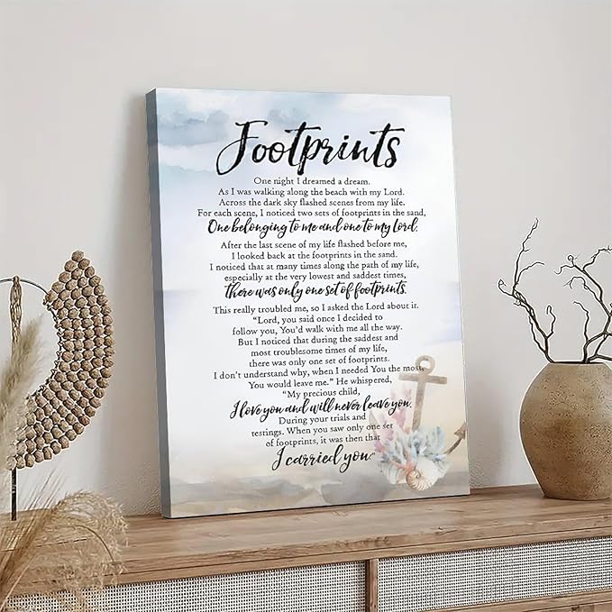 Footprints in the Sand Religious Canvas Wall Art Posters, Inspirational Beach Sunset Poem Print Poster (Framed 12x18inch, Footprints(6))