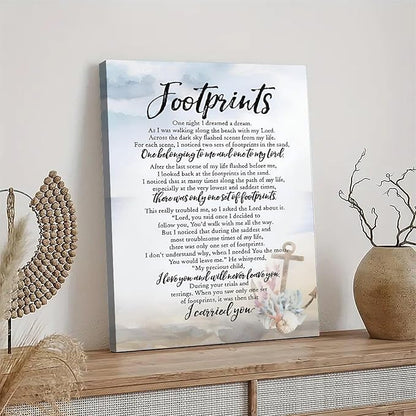 Footprints in the Sand Religious Canvas Wall Art Posters, Inspirational Beach Sunset Poem Print Poster (Framed 12x18inch, Footprints(6))