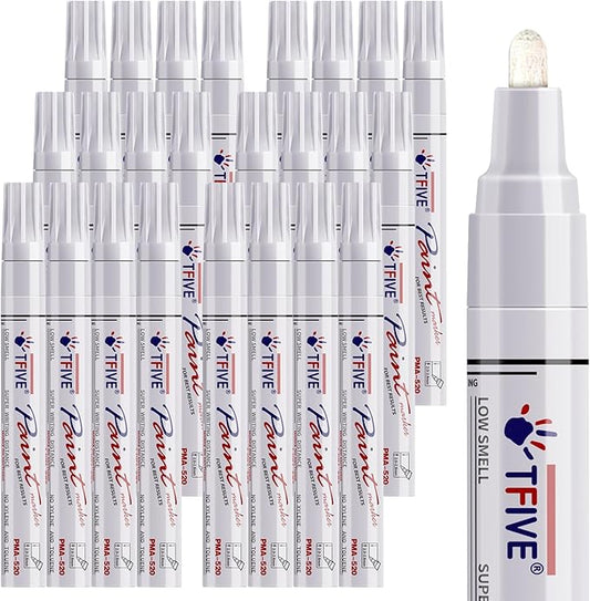 TFIVE White Paint Pens Permanent Markers - 24 Pcs Oil Based Paint Markers Set, Quick Dry, Waterproof, Fade Resistant, Medium Tip Marker Pens for Metal, Rock, Wood, Plastic, Canvas, Glass, Rubber