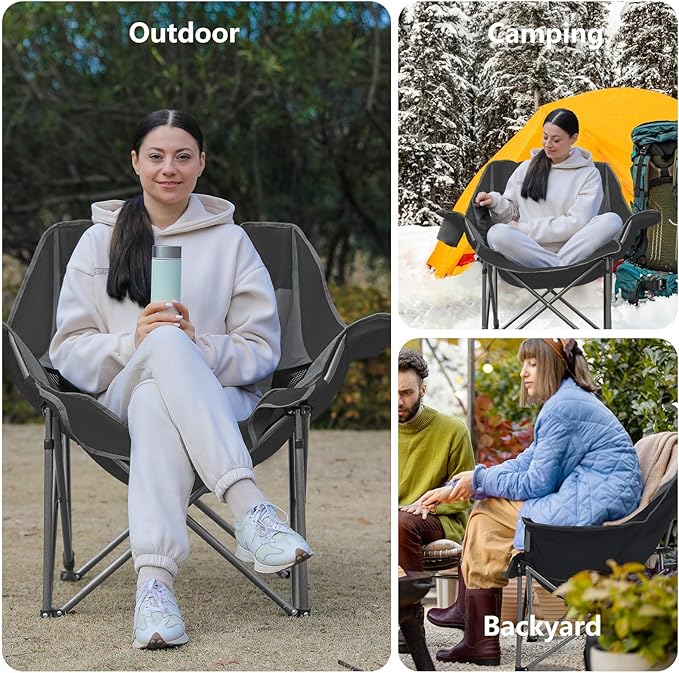 Oversized XL Padded Camping Chair Set of 2 Wide Heavy Duty Lawn Chairs Support 450 LBS Portable Folding Gaint Camp Chair for Outdoor Outside Sports Baseball Soccer-Black and Grey