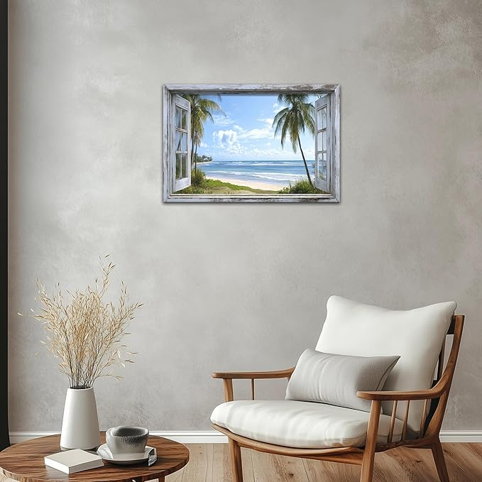 ANRUOXI Beach Wall Art, Blue Ocean Canvas Prints Wall Decor, Window Frame Style Sea Canvas Wall Decor, Ocean Seaside Painting, Nature Coastal Landscape Framed Artwork for Living Room Office 18x24 Inch