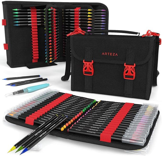 ARTEZA Real Brush Pens, 96 Watercolor Pens with 108-Slot Case, Drawing Markers with Flexible Brush Tips, Watercolor Markers for Artists