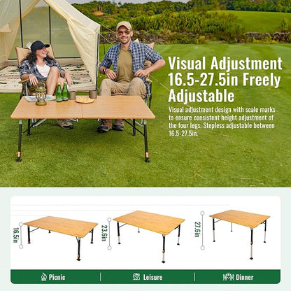 KingCamp Bamboo Folding Table, 4-Fold Camping Adjustable Height Portable Outdoor Lightweight & Compact Table with Aluminum Frame for RV Picnic BBQ Tailgating