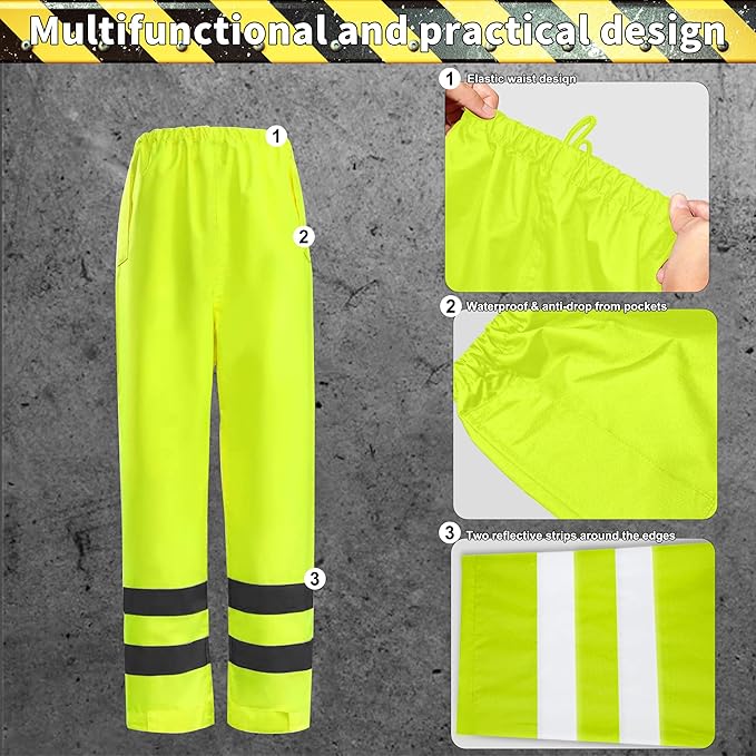 Rain Suits for Men Waterproof，Class 3 Hi Vis Rain Gear with Collapsible Hood， Breathable Safety Rain Jacket with Inner Mesh Lining and pocket，Reflective Waterproof Pants L/XL