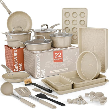 Pots and Pans Set, 22-Piece Non Stick Cookware & Bakeware Sets with Plaid Pattern, Stackable Design, Dishwasher Safe, Stain-resistant, Oven & All-Stove Safe, Tempered Glass Lid, White Marble