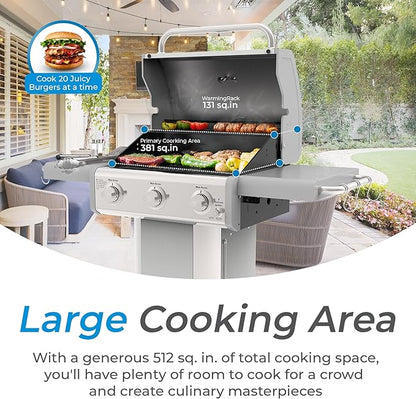 Kenmore 3-Burner Propane BBQ Grill, 30,000 BTUs Gas Grill with Cast Iron Cooking Grates, Folding Side Tables & Wheels, Outdoor Grill with Tool Hooks, Pearl White + Bonus Cover