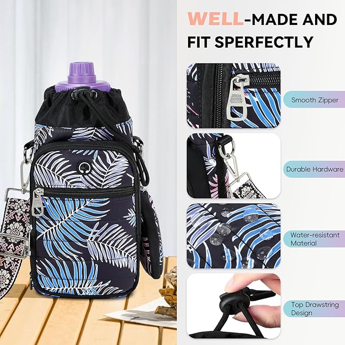 Water Bottle Carrier Bag with Strap, Sling Bag for Walking, Hiking, Cycling, Black, 40 Ounces