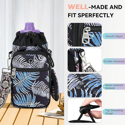 Water Bottle Carrier Bag with Strap, Sling Bag for Walking, Hiking, Cycling, Black, 40 Ounces