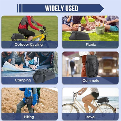 WOTOW Bike Rack Bag Waterproof - 9.5L Large Capacity Bike Trunk Bag, Reflective Bicycle Saddle Panniers, Cycling Bags Back Seat Storage Cargo Carrier Pouch with Shoulder Strap & Hook