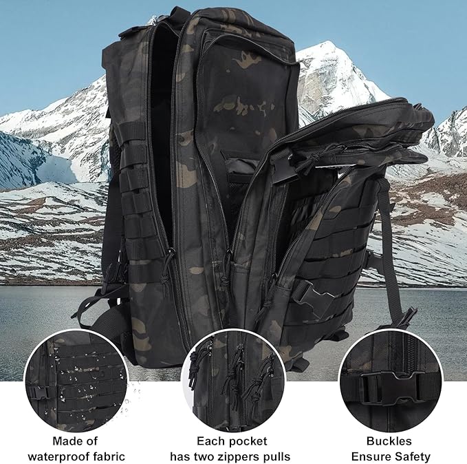 50L Large Military Tactical Backpack Molle Army Assault Pack for Travel Camping Hiking Fishing Backpack for men (black camo)