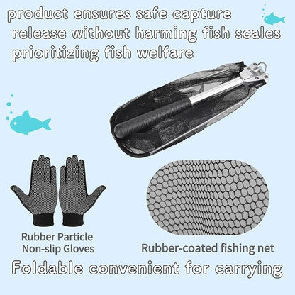 Folding Kayak Fishing Net with Aluminum Alloy Frame Rubber-Coated Nylon Net for Small Fishing Net Fishing Landing Net for Non-Slip Gloves Storage Bag
