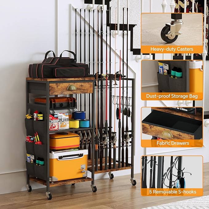 Homeiju Fishing Rod Holder, Fishing Pole Holders for Garage Boat Fishing Gear Storage with Drawer and Wheels, Holds 16 fishing rods for Home Entryway Corner,Rustic Brown