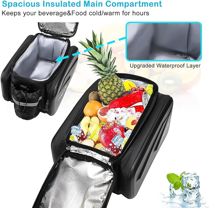 MOSISO Bike Rack Bag Trunk Cooler Handbag, Bicycle Insulated Rear Seat Bag 2 Side EVA Pockets with Side Foldable Panniers, 8L Cycling Backseat Storage Cargo Luggage Pouch with Shoulder Strap, Black