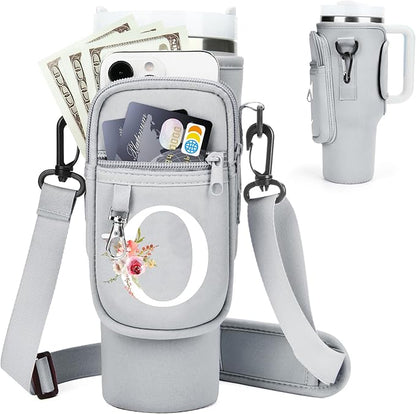 Initial Water Bottle Holder with Strap for Stanley 40 oz Tumbler/Simple Modern 40 oz Tumbler,Water Bottle Carrier Bag with Strap,Personalized A-Z Phone Pocket for Stanley Cup Accessories