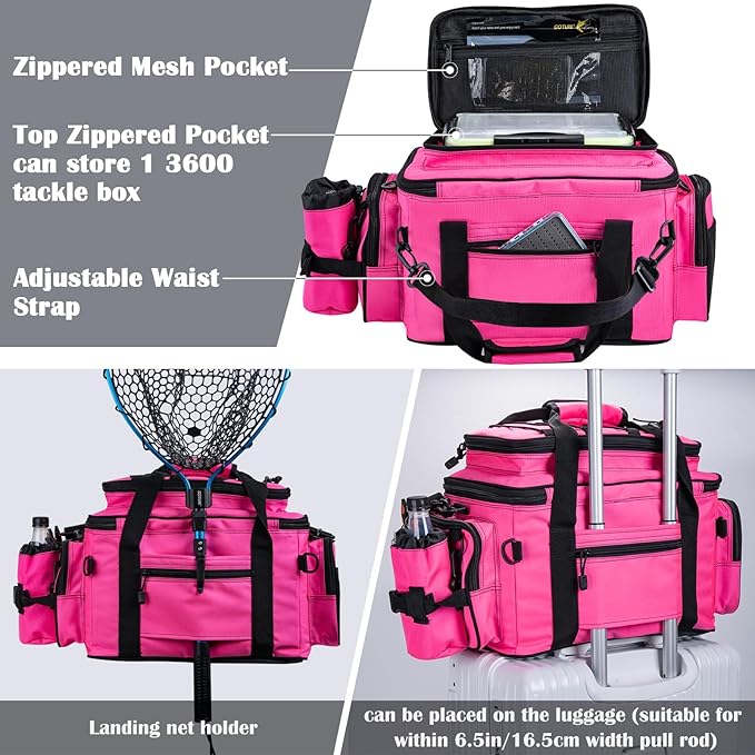 Goture Fishing Tackle Bag, Store Up to 4PCS 3700 Plus 2PCS 3600 Tackle Trays(Not Included), 600D Soft Side Gear Fishing Bag with Rod Straps,Detachable Water Bottle Pouch,Waterproof Bottom,SBS Zippers