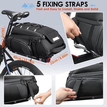 RAINSMORE Bike Bags for Bicycle Rear Rack 15L Waterproof Bike Ebike Trunk Pannier Saddle Bag with Rain Cover Bike Accessories Backpack Shoulder Bag for Commuter Travel Outdoor, Black