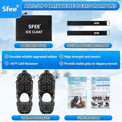 Sfee Crampons Ice Cleats for Shoes and Boots, 28 Steel Shoe Spikes Ultra-Grip Ice Cleats for Men Women Non-Slip Snow Traction Ice Grippers for Shoes and Boots for Walking, Hiking, Climbing, Fishing