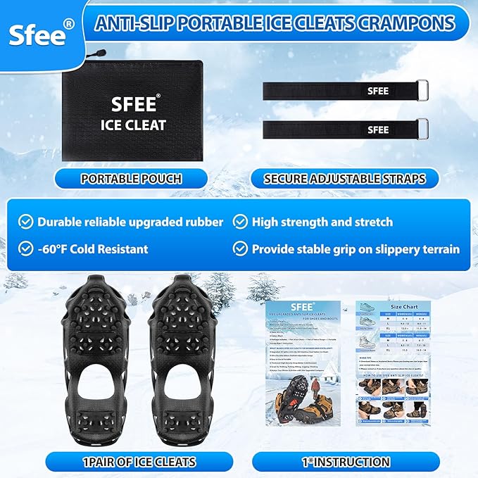 Sfee Crampons Ice Cleats for Shoes and Boots, 28 Steel Shoe Spikes Ultra-Grip Ice Cleats for Men Women Non-Slip Snow Traction Ice Grippers for Shoes and Boots for Walking, Hiking, Climbing, Fishing