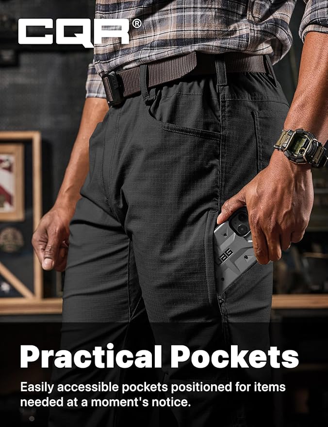 CQR Men's Flex Stretch Tactical Pants, Water Resistant Ripstop Cargo Pants, Lightweight EDC Outdoor Work Hiking Pants