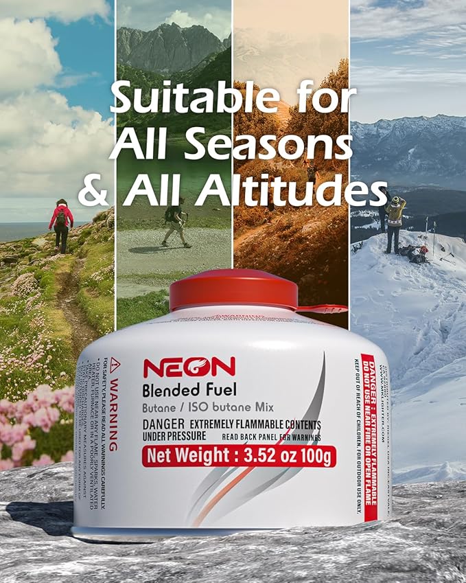 NEON Isobutane Fuel Canister, Portable Camping Gas 100g, Efficient and High Output Butane for Camp Stove, Backpacking, Hiking, Lanterns, Outdoor Cooking, Suitable for All Seasons