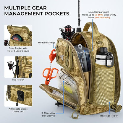KastKing BaitSpace Fishing Sling Bag, Fishing Backpack with Rod & Beverage Holder, Tackle Bag for Fishing Gear