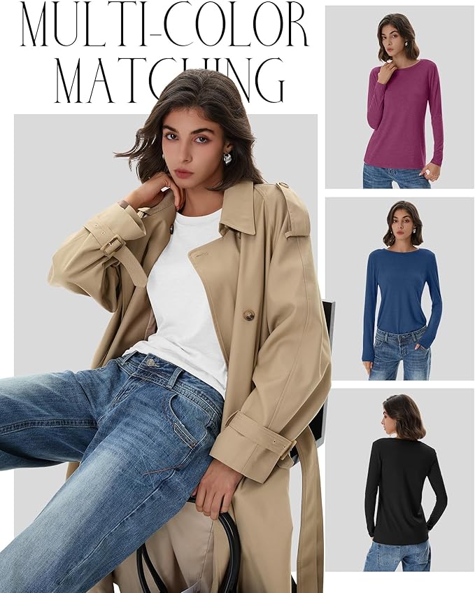 Huukeay 5 Pack Women's Crew Neck Long Sleeve Shirts, Cotton Blend Casual Clothes Workout Basic Layering Tee Tops Multipack