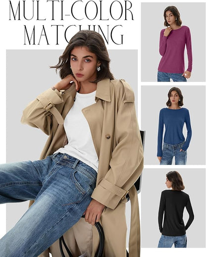 Huukeay 5 Pack Women's Crew Neck Long Sleeve Shirts, Cotton Blend Casual Clothes Workout Basic Layering Tee Tops Multipack