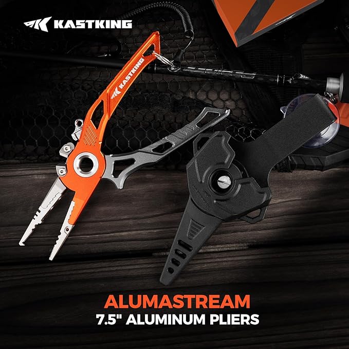 KastKing AlumaStream 7.5" Aluminum Fishing Pliers, Crossover Pliers, Wacky & Neko Rig Pliers With O-Ring Storage, Fishing Gear, Fishing Gifts for Men, Corrosion-Resistant Saltwater & Freshwater Pliers