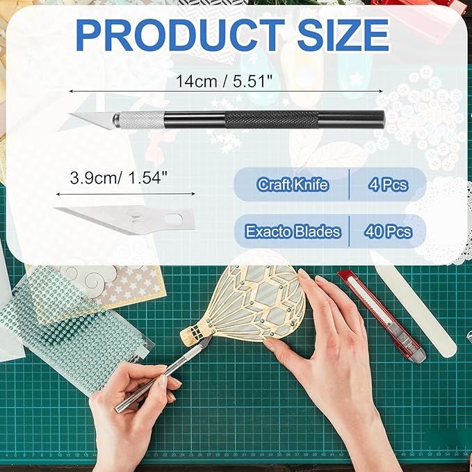 MECCANIXITY 4 Pcs Exacto Knife, Craft Hobby Knife with 40 Exacto Blades(#11) Profession Craft Knives for Crafting, Modeling, Scrapbooking (Black)
